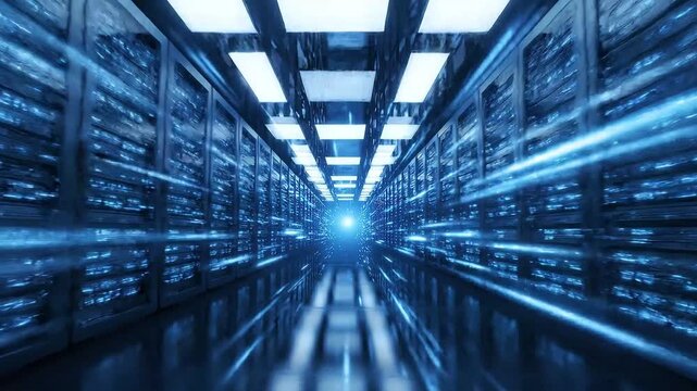 Futuristic server room with rows of computer servers and blue glowing light at the end of a long corridor in a neon-lit data center tunnel with a sense of high-tech innovation and digital te