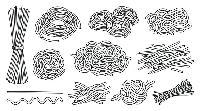 Collection of hand-drawn pasta shapes in black and white line art style.
