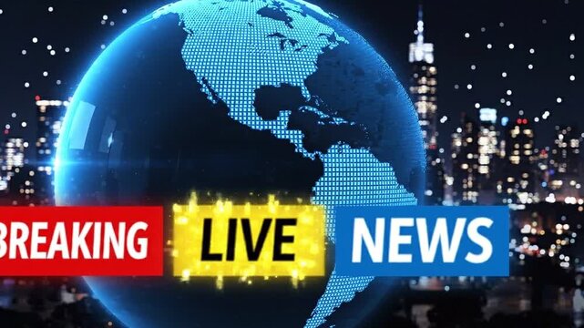 Globe with breaking live news banner, nighttime cityscape background, digital graphic design, America centered, modern broadcasting concept