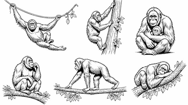 Orangutan sketches set, various poses of apes in black and white