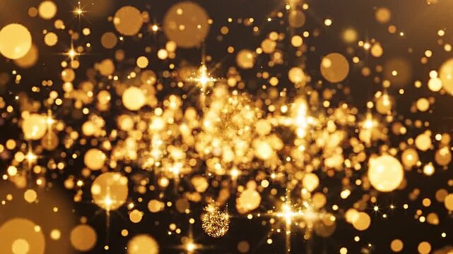 Golden light particles and bokeh in a dark background, abstract artistic style with shining stars and glowing orbs, festive context for celebration and party decoration