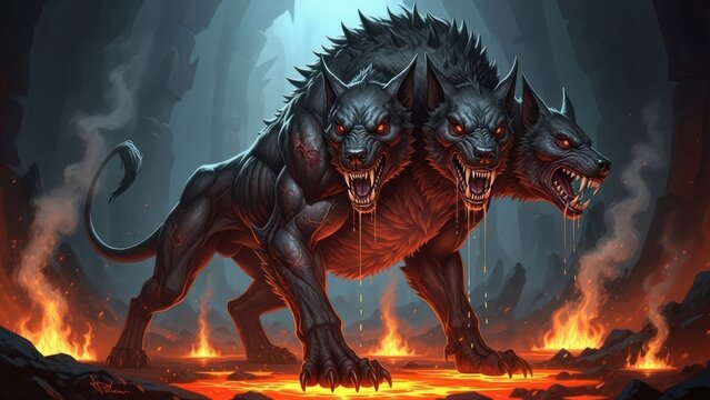 Three-headed hellhound with glowing red eyes in a fiery underworld landscape