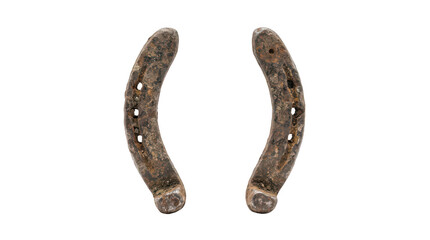 Fototapeta premium Vintage rusty iron horseshoes, antique metal equestrian equipment, weathered steel horse shoes for western decor and good luck charms isolated on Transparent Background