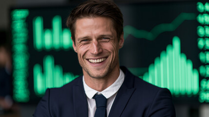 Fototapeta premium A centered, medium close up shot of a young male professional in a dark navy blue suit, white collared shirt, and dark blue tie. Ai generated