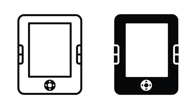Digital ebook reader or tablet computer device icon with navigation buttons and blank screen display in outline and solid black formats technology navigation computer