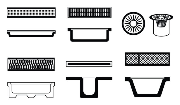 Vector icon set of drainage channels and gutter grates in various designs, black and white line art for water management, construction