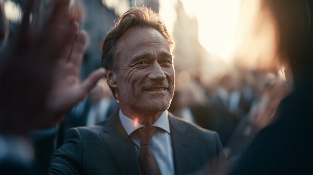 A close up shot focuses on a smiling caucasian man in a dark grey suit, light blue shirt, and brown tie. he is waving his right hand. Ai generated