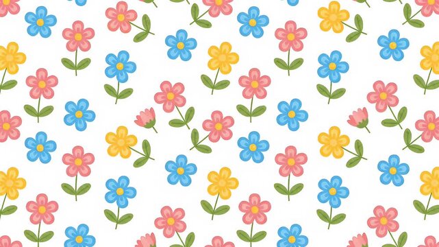 Pixelated floral pattern with colorful flowers, green leaves, and stems on white background, springtime motion graphic loop