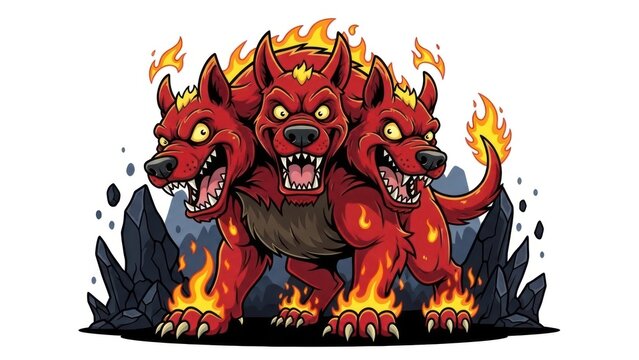 Three-headed hellhound with fiery mane and paws guarding rocky terrain