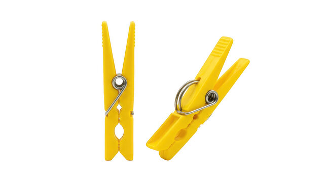 Yellow plastic clothespins with metal springs, vibrant laundry pegs for hanging clothes, durable household utility clips for drying laundry isolated on Transparent Background