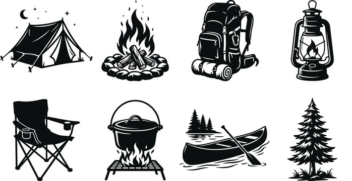 Camping Silhouette Vector Bundle Featuring Tent, Campfire, Backpack, Lantern, Canoe, Chair, Cooking Pot, and Pine Tree