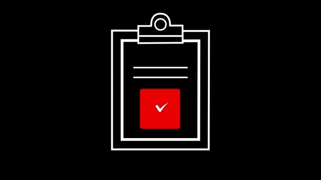Animated clipboard checklist icon with red checkmark on black background 4k video