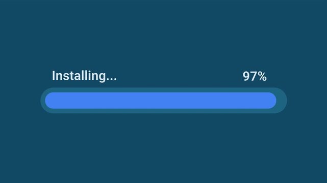 Animated motion graphics showing a blue progress bar installing up to 97 percent over a transparent alpha channel background. Represents a system installation or setup configuration.