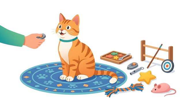 Ginger tabby cat clicker training with owner, domestic cat behavior education and pet accessories, feline positive reinforcement tools on white background