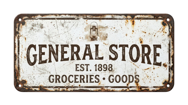 Vintage general store metal sign, rustic antique grocery store plaque with rust texture, weathered farmhouse wall decor for country kitchen isolated on Transparent Background