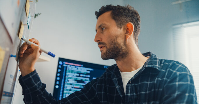 Young Caucasian male programmer write creative plan on whiteboard and coding on computer in home office workspace. AI technology, cybersecurity network, agile strategy, business innovation concept.