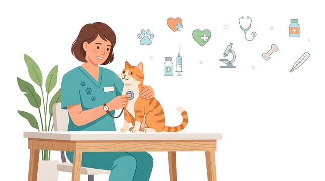 Female veterinarian examining ginger cat with stethoscope, professional veterinary clinic scene, pet healthcare and medical checkup concept