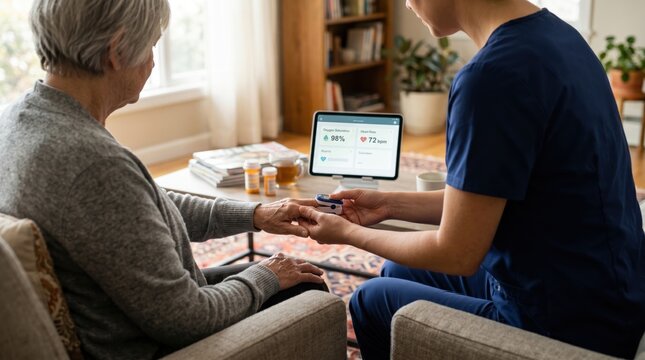 Nurse checking oxygen saturation of elderly patient at home, senior woman using pulse oximeter with tablet displaying vital signs data, telemedicine healthcare concept for aging...