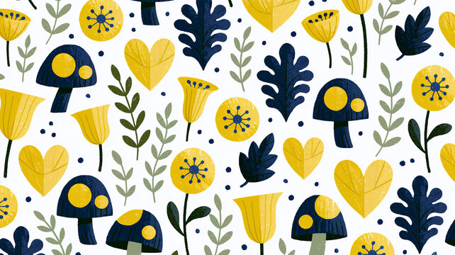 A repeating surface pattern showing a collection of stylized botanical and forest motifs on white. visible objects include dark blue mushrooms with round yellow patches. Ai generated