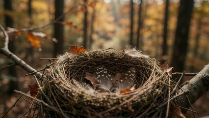 Naklejka premium Empty bird nest in autumn forest. Natural wildlife habitat with fall leaves in a woodland setting.