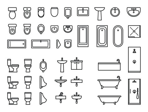 Vector line art icons of bathroom and restroom fixtures, including toilets, sinks, bathtubs, and showers