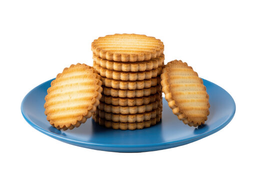 High stack of round butter biscuits on blue plate with biscuits, homemade
