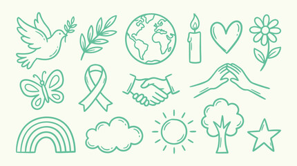Obraz premium Collection of hand-drawn icons representing peace, hope, and environmental awareness.