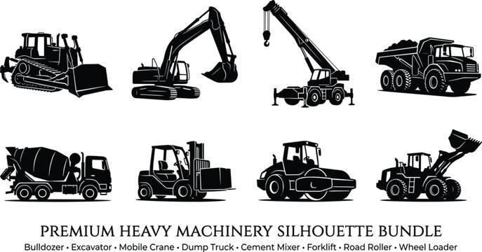 Heavy Construction Machinery Silhouette Vector Bundle Featuring Bulldozer, Excavator, Crane, Dump Truck, Mixer, Forklift, Roller, Loader