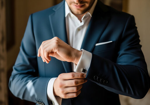 Man in blue suit putting on cufflinks.