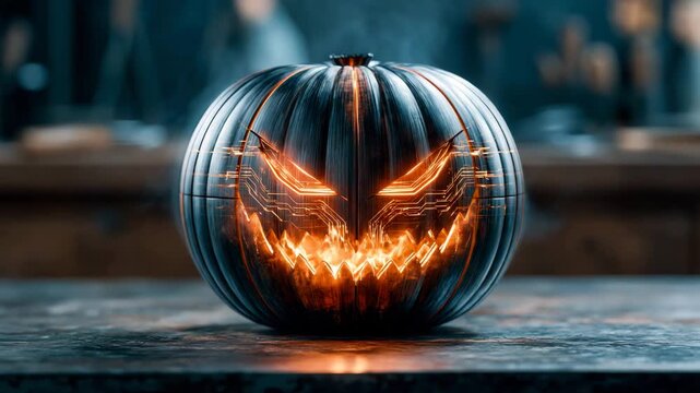 Futuristic Robot Jack O Lantern with Glowing Circuits