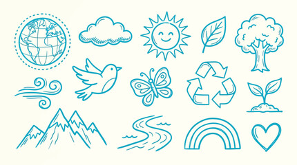 Obraz premium Collection of hand-drawn icons representing nature, environment, and ecological symbols.