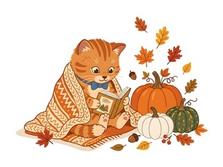 Fototapeta premium Four seasons cat family illustrations, cute ginger cats in spring summer autumn and winter landscapes, cozy seasonal feline pet scenes