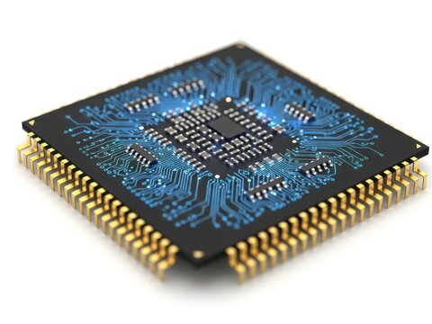 Computer microprocessor chip with blue circuitry white background, microprocessor white background
