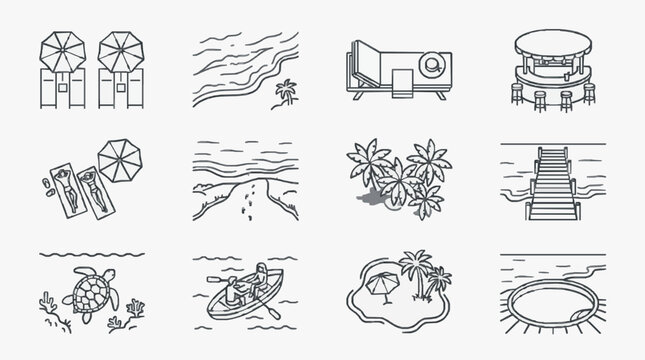 Industrial Style Black and White Line Icons Set of Tropical Beach and Water Activities with high quality professional line art symbols for modern creative design and digital branding projects
