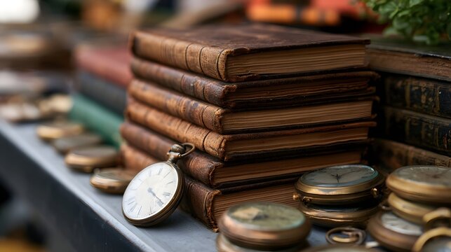 Stack of vintage leather bound books resting beside a collection of antique brass pocket watches on a wooden surface