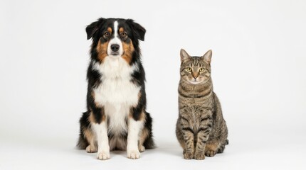 Fototapeta premium Australian shepherd and tabby cat sitting together on white background