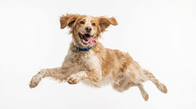 Happy spaniel mix dog leaping in air against white background