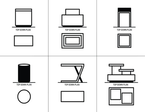 Line art illustration set of geometric objects, showing side and top-down plan views for architectural design