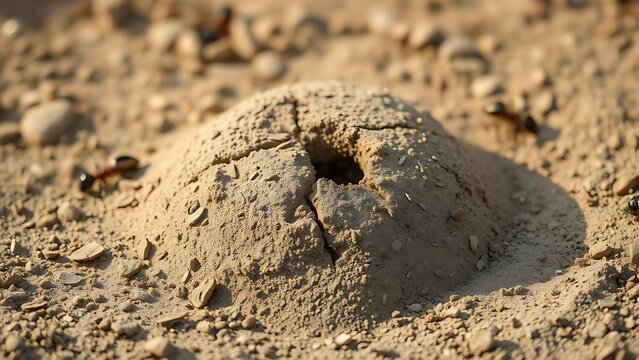 A detailed anthill in sandy soil with a single claw mark.