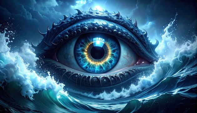 Mysterious leviathan eye emerges from stormy ocean waves, deep blue and gold