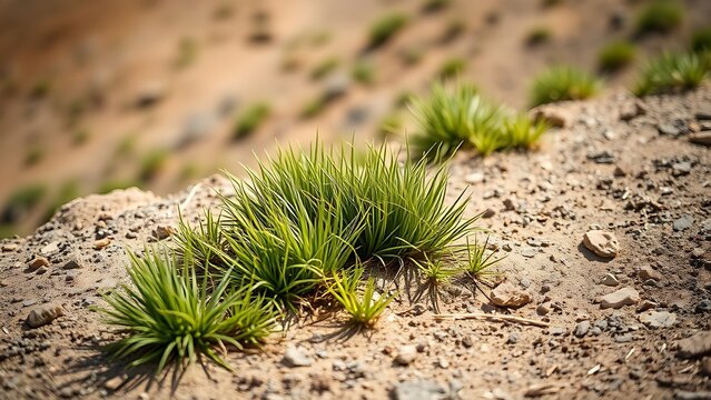 Clusters of drought-resistant fescue grass on a dry, sunlit hillside, adding green to the arid landscape.