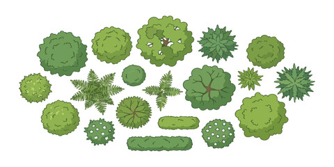 Set of green trees and garden bushes seen from above for landscape design plans and architectural site maps © ZenVectors