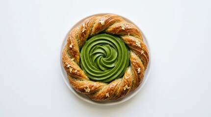 Fototapeta premium Puff pastry danish with matcha cream swirl center breakfast isolated