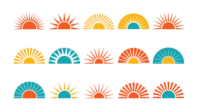 Sunrise half sun symbols for sunrise, sunset, horizon, weather, nature, outdoor themes, transparent background, and editable vector illustration.