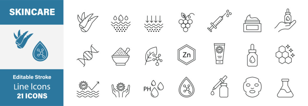 Skincare ingredient line icon set, Skincare ingredient Icon set. Skincare and beauty product line icon set. Skincare and Beauty Symbols, Editable Stroke Line Icons for Skincare & Cosmetics. Vector