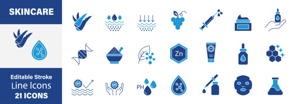 Skincare ingredient Icon set, Skincare ingredient line icon set. Skincare and beauty product line icon set. Skincare and Beauty Symbols, Editable Stroke Line Icons for Skincare & Cosmetics. Vector