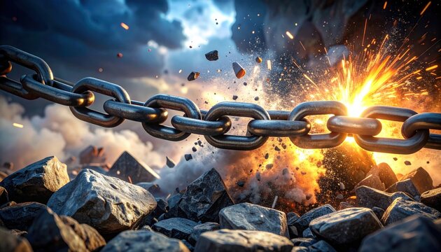 Heavy metal chain breaking apart with explosive sparks and debris