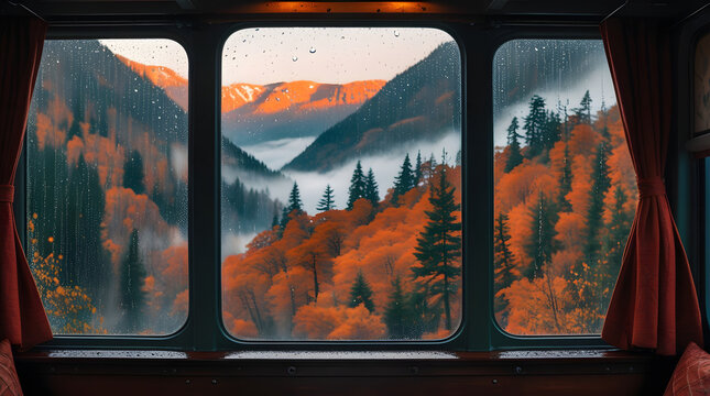 Aesthetic autumn journey scenery, view through a train passenger window showcasing misty mountain ridges and fiery orange fall foliage at sunset, warm twilight lighting.