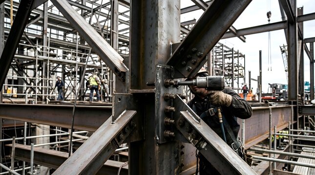 Construction Worker Tightening Steel Beams with Impact Wrench at Building Site