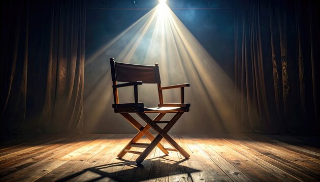 Director's chair in spotlight on stage with wooden floor and velvet curtains
